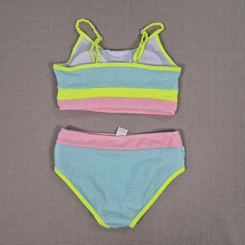 Girls Color Block Textured Bikini Set Blue Pink Neon Yellow Size 11-12Y NWOT